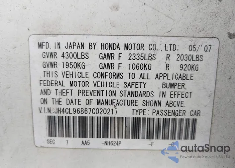 2007 Acura Tsx from USA, damaged, VIN JH4CL96867C020217